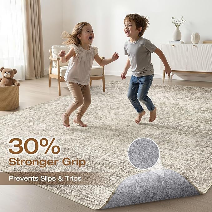 7x10 Area Rug Living Room: Washable Large Neutral Brown Rug Abstract Soft Modern Stain Resistant Indoor Floor Non-Slip Carpet for Bedroom Nursery Kids Office Playroom Dining Room Under Table Home