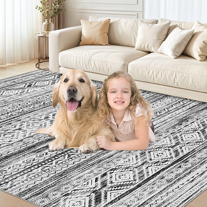 cotiled 5x7 Area Rug Living Room: Washable Boho Rugs with Non Slip Backing Large Soft Indoor Stain Resistant Carpet for Bedroom Farmhouse Dining Room Lightweight Home Decor White/Black