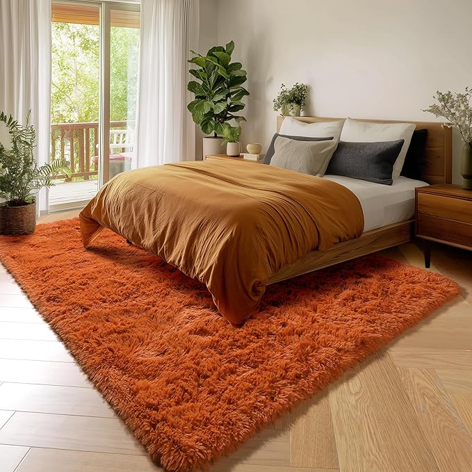 Amdrebio Burnt Orange Large Area Rugs 8x10 for Living Room Bedroom, Fluffy Fuzzy Shaggy Furry Rug for Kids Room Decor Aesthetic, Big Cute Plush Shag Dark Orange Carpet for Classroom Playroom Nursery