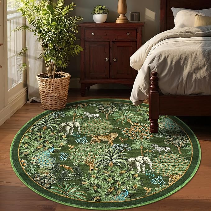 GarveeHome Jungle Round Washable Rugs 4ft Non-Slip Soft Round Rug for Kids Room, Forest Animal Print Tiger Circle Carpet for Bedroom Entryway Playroom Nursery, Dark Green