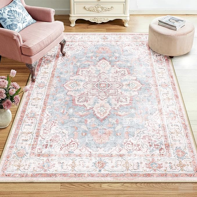 CAPALOCA Machine Washable Rugs Nursery Rug 4x6 Cute Girl Non Slip Low Pile Water Repellent Soft Print Pattern for Bedroom Indoor Decor Kids Playroom Pink Blue