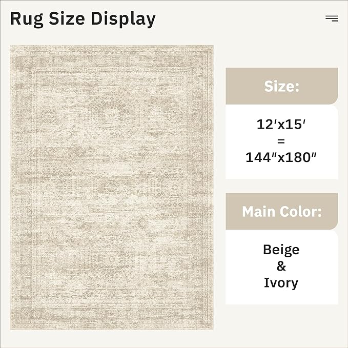 Soalmost 12x15 Washable Area Rug Beige Neutral Abstract Living Room Large Carpet Non Slip Bedroom Indoor Office Dining Room Low Pile Thin Rug