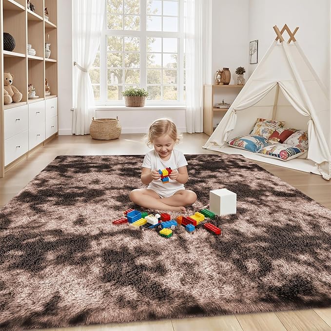 Area Rug for Living Room Bedroom: 5x7 Soft Fluffy Shag Upgrade Non-Slip High Pile Carpet Large Fuzzy Plush Indoor Floor Decor Shaggy Coffe Tie-Dyed Rug for Kid Boys Girls Playroom Nursery Modern Home