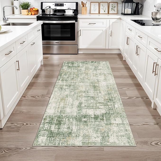 3x6 Washable Wide Runner Rug – Non-Slip Floor Carpet Runner for Kitchen Entryway Hallway Bathroom, Modern Abstract Low Pile Thin Area Rug (Sage Green)