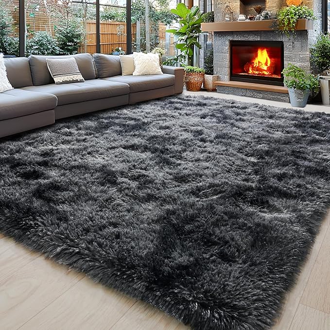 Area Rugs 9x12 for Living Room, Ultra Soft Fluffy Rugs for Bedroom, Non-Slip Furry Large Rug for Teen Girls and Boys,Nursery Kids Room Dorm Home Decor, High Pile Plush Floor Carpet, Dark Grey