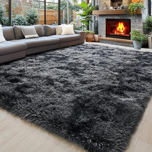 Area Rugs 9x12 for Living Room, Ultra Soft Fluffy Rugs for Bedroom, Non-Slip Furry Large Rug for Teen Girls and Boys,Nursery Kids Room Dorm Home Decor, High Pile Plush Floor Carpet, Dark Grey