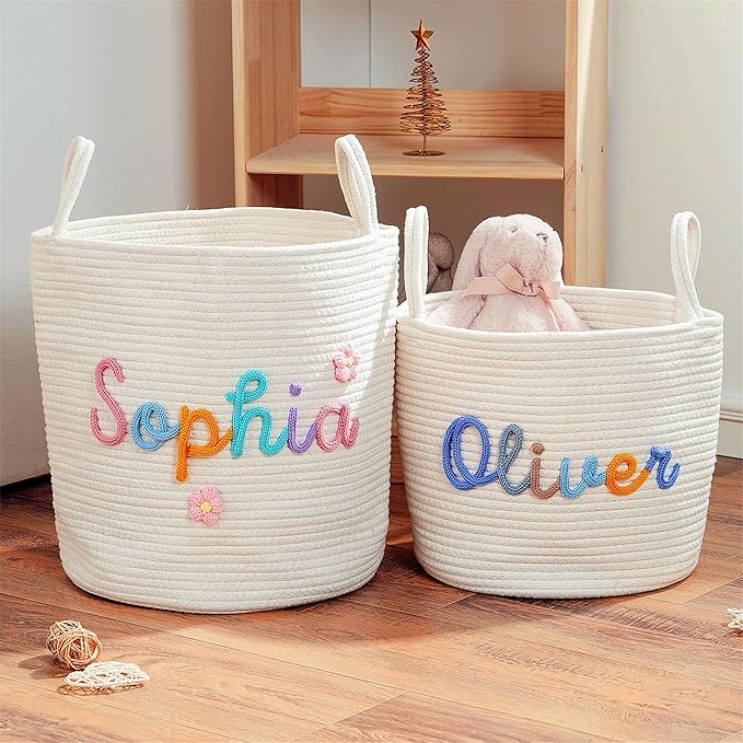 JUPPE Custom Baby Shower Basket, Personzlized Basket with Baby Name, Baby Boy Girl Storage Organizer Cotton Rope Nursery Decor Newborn Gift (XXL Basket)