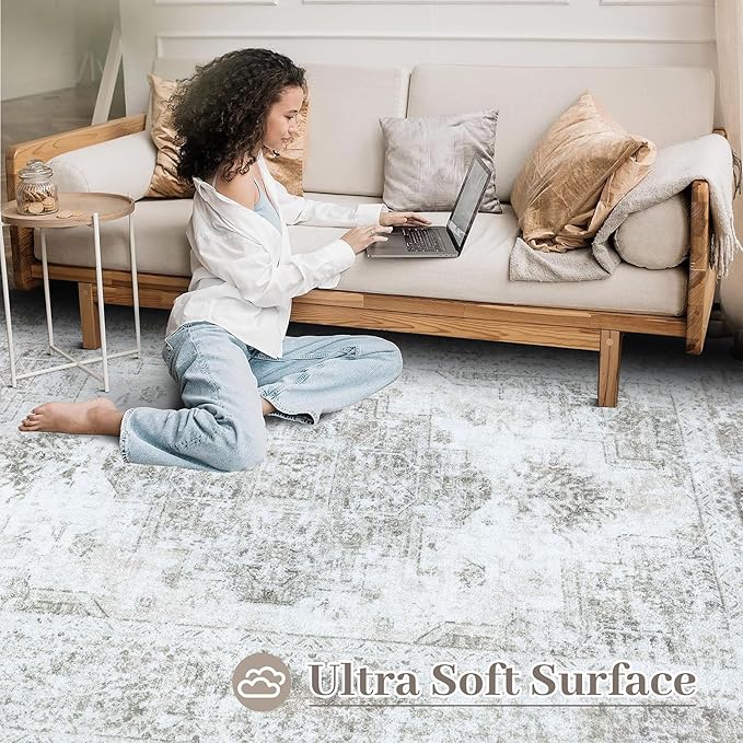XLUEZ Area Rug 4x6 Vintage Rug, Machine Washable Vintage Distressed Medallion Rug Non-Slip Soft Low Pile Large Indoor Rugs for Bedroom Kitchen Dining Room Office(Taupe,4'x6')