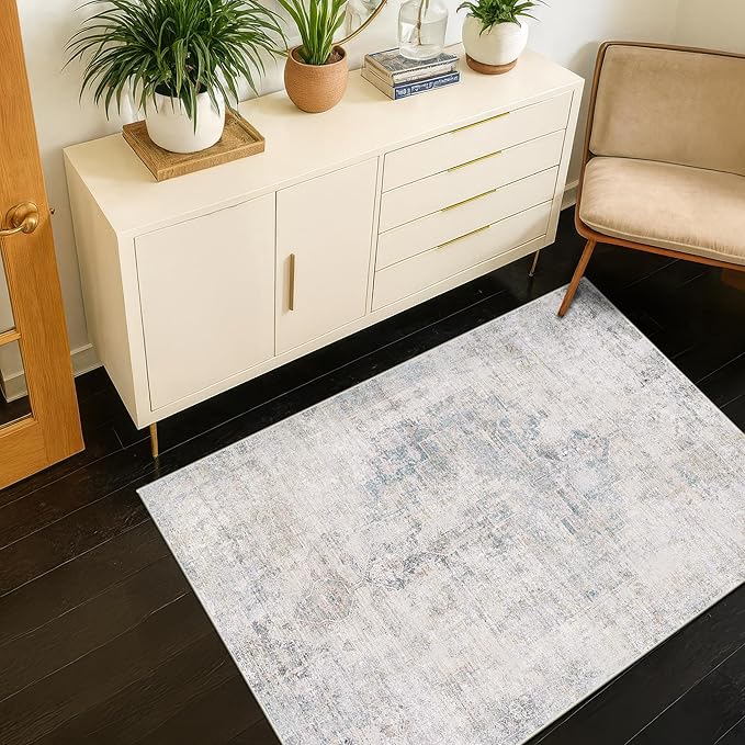 Washable Light Blue Rugs for Entryway Indoor - 3x4 Throw Rug for Large Kitchen, Bedroom Bedside, Bathroom, Mudroom, Mordern Abstract Medallion Décor, Non Slip Low Pile Fade Resistant
