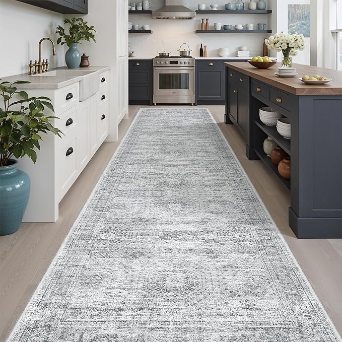 Soalmost Runner Rug 3x12 Washable Non-Slip Hallway Runner Rugs for Kitchen Bathroom Laundry Room Grey Vintage Floor Carpet Runners for Hallways Entryway