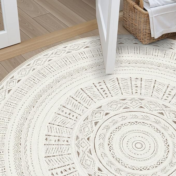 cotiled 5x5 Round Area Rug Living Room: Washable Boho Rugs with Non Slip Backing Large Soft Indoor Stain Resistant Carpet for Bedroom Farmhouse Dining Room Lightweight Home Decor L Brown/Cream