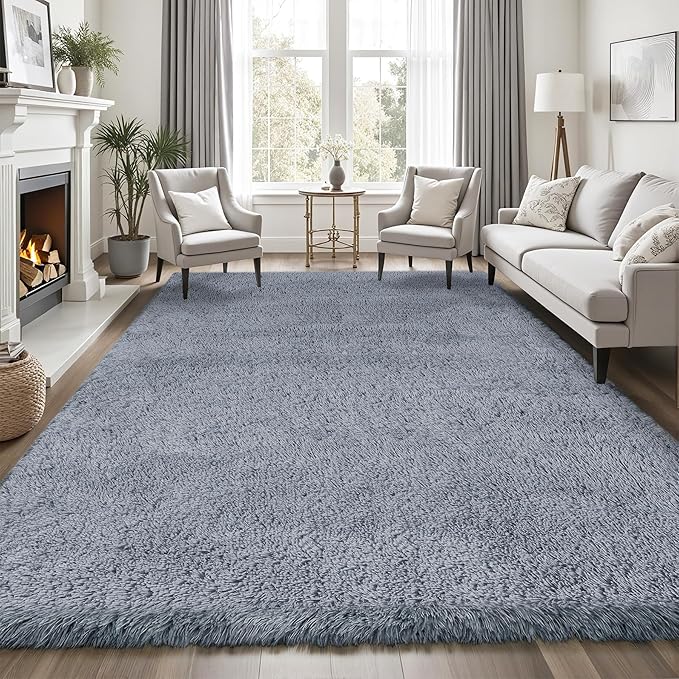 Area Rug for Living Room Bedroom: 8x10 Grey Soft Fluffy Shag Upgrade Non-Slip High Pile Carpet Large Fuzzy Plush Indoor Floor Decor Shaggy Rug for Kid Boys Girls Dorms Playroom Nursery Modern Home
