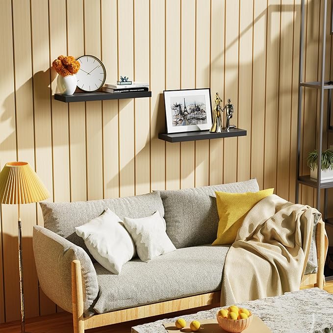 Bellsal 2-Pack Black Modern Floating Shelves, 24" Wall Mounted, Set of 2 Wooden Wall Shelf for Kitchen, Living Room, Bedroom, Bathroom Storage