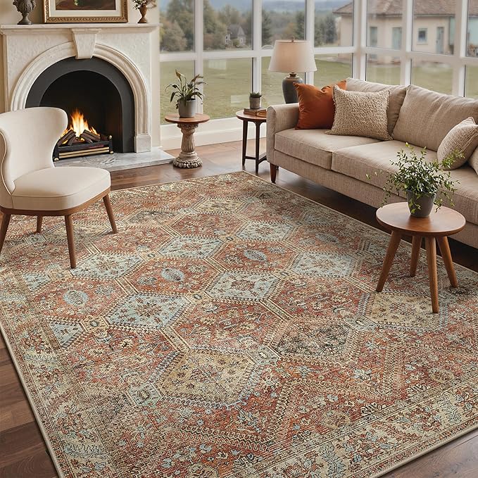 GENIMO 6x9 Area Rugs for Living Room, Machine Washable Non Slip Rugs, Low Pile Lightweight Print Rug for Bedroom, Dining Room, Home Office, Vintage Brick Red