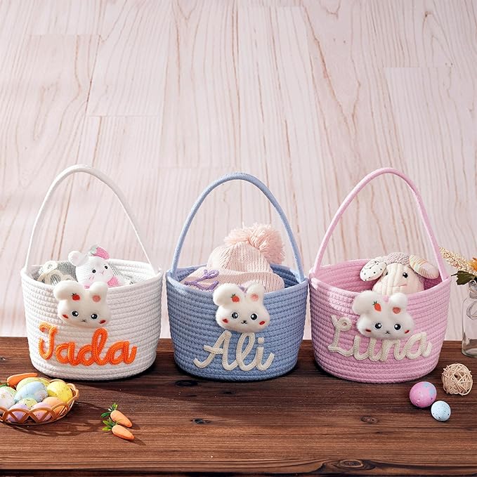 JUPPE Custom Easter Basket, Personzlized Bunny Basket with Kids Name, Cotton Rope Storage Organizer Nursery Decor Easter Eggs Gift (Bunny Basket)