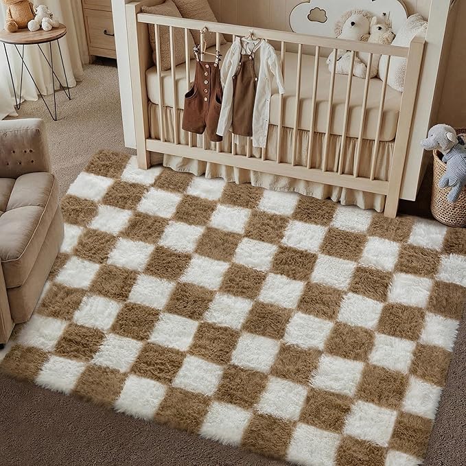 PureCozy Checkered Rug 4x6 for Living Room, Brown and White Modern Shag Rug Super Soft Washable Fluffy Rugs Indoor Office Fuzzy Carpet for Bedroom Home Dorm Aesthetic Decor