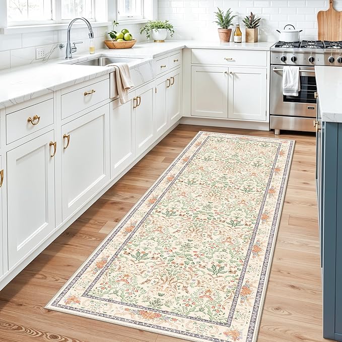 Botanical Hallway Runner Rug 3x10 Ft – Non-Slip Washable Long Kitchen Runner, Low-Pile Thin Vintage Florals Floor Rug for Indoor Entryway, Bedroom, Living Room (Cream)