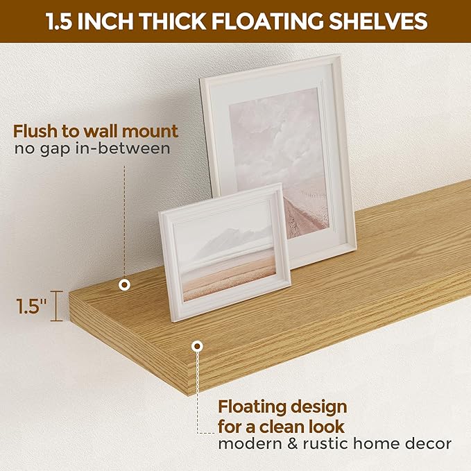 Fun Memories 16 Inch Long Floating Shelves, 9.3 Inch Deep Floating Shelf for Wall, Living Room, Kitchen, Rustic Deep Wood Shelves for Bathroom, 2 Pack Storage Display Shelf for Books, Decor, Oak