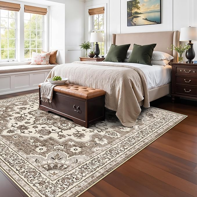 TOPRUUG Washable 7x7 Rug Square - Soft Living Room Area Rug for Under Sofa Non-Slip Rugs for Bedroom Dining Room - Stain Resistant Farmhouse Decor for Family with Pets & Kids (Beige, 7x7)