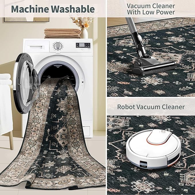 Rugxara 6x9 Area Rugs for Living Room Bedroom, Large Washable Rug, Black Vintage Floral Boho Rug, Non Slip & Low Pile Faux Wool Thin Carpet for Indoor Dining Room, Dorm and Kids Room(Black 6x9ft)