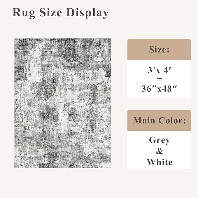 3x4 Washable Entryway Area Rug - Non-Slip Modern Small Indoor Mat for Bathroom,Living Room,Bedroom - Abstract Neutral Soft Low-Pile Throw Carpet with Rubber Backing（Grey）