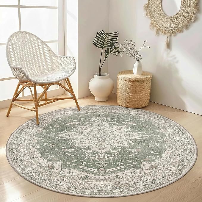 GENIMO 5FT Round Area Rugs for Living Room, Circle Rugs Machine Washable Low Pile, Chenille Non Slip Vintage Rug for Bedroom, Dining Room, Home Office, Sage & Linen