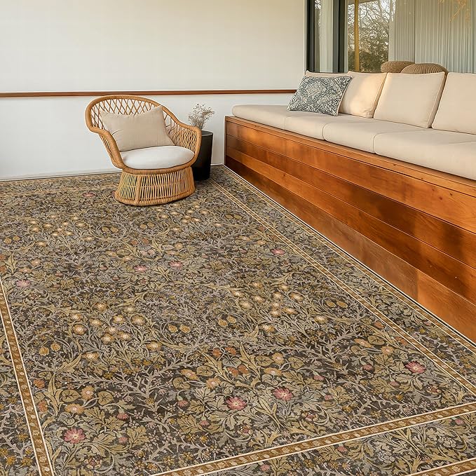 Washable Living Room Rug 6x9 - Brown Oriental Area Rug for Bedroom, Dining Room Rug for Under Table, Low Pile Non-Slip Floor Carpet for Home Office, Study Room - Vintage Design & Stain Resistance