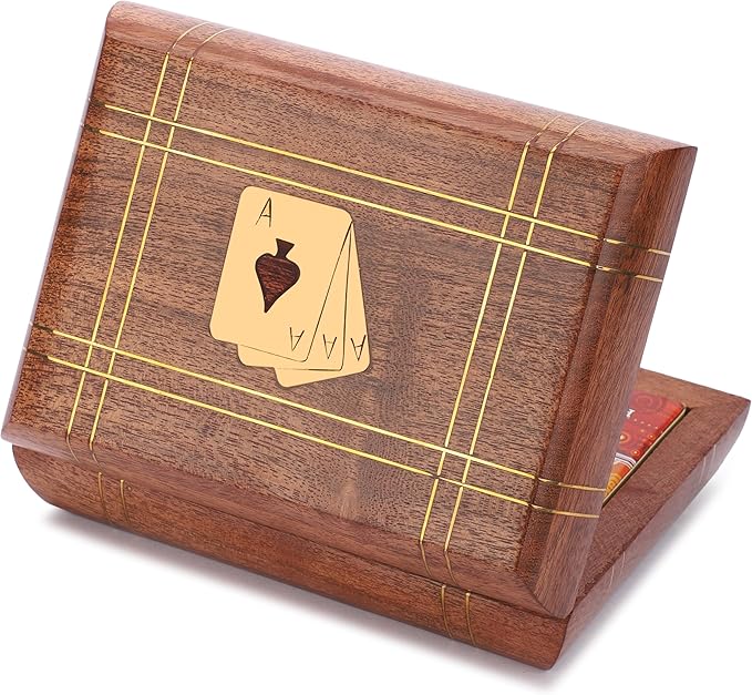 Ajuny Handcrafted Wooden Double Deck Playing Card Box Holder Decorative Storage Case Organizer With 2 Set of Playing Cards Anniversary Housewarming Gifts