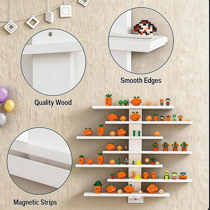 No Drill Floating Shelf for Wall, 7-Tier Wall Mounted Organizer, Damage-Free Display Shelf for Collectibles, Figures, Bathroom Kitchen Storage, White