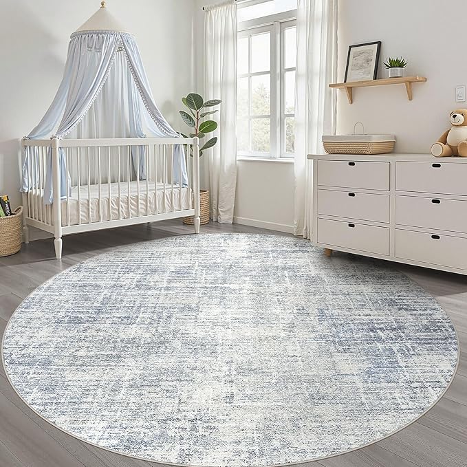 7ft Round Rug Living Room: 7x7 Washable Large Neutral Blue Circle Area Rug Abstract Soft Modern Stain Resistant Indoor Floor Non-Slip Carpet for Bedroom Nursery Kids Office Playroom Dining Room