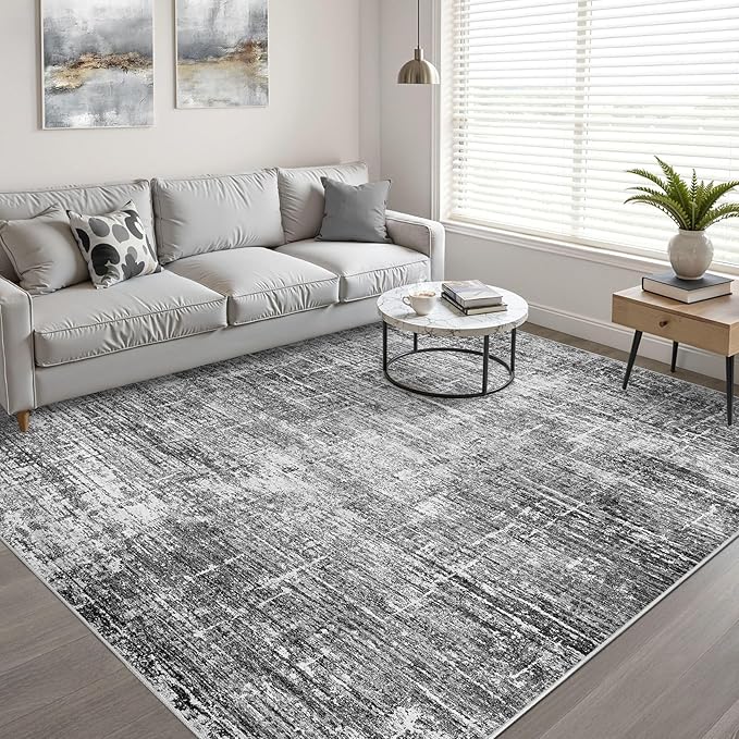 7x9 Area Rug Living Room: Washable Large Neutral Black Rug Abstract Soft Modern Stain Resistant Indoor Floor Non-Slip Carpet for Bedroom Nursery Kids Office Playroom Dining Room Under Table Home