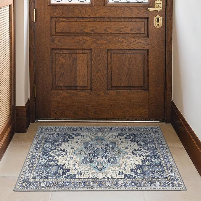 GENIMO Area Rug 2x3 Doormat, Machine Washable Low Pile Rugs, Small Retro Chenille Entryway Mat for Entrance, Hallway, Kitchen and Corridor, Center Blue