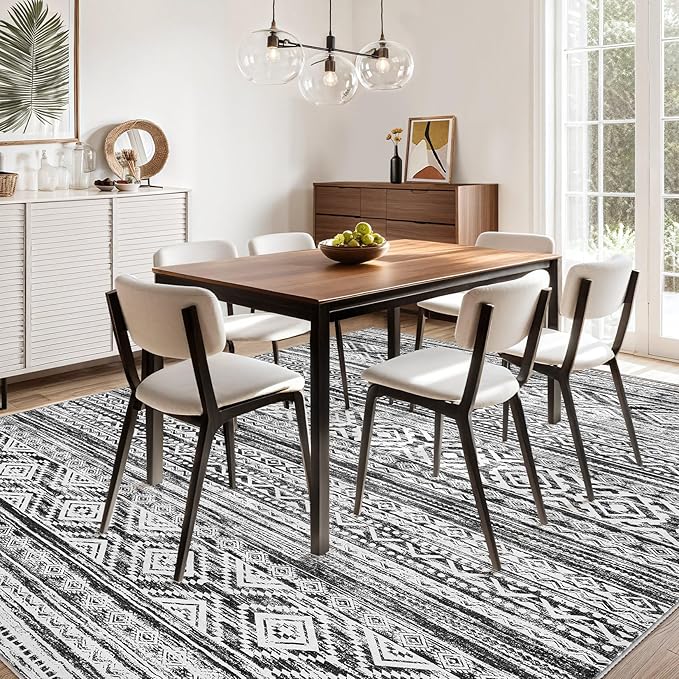 cotiled 7x10 Area Rug Living Room: Washable Boho Rugs with Non Slip Backing Large Soft Indoor Stain Resistant Carpet for Bedroom Farmhouse Dining Room Lightweight Home Decor White/Black