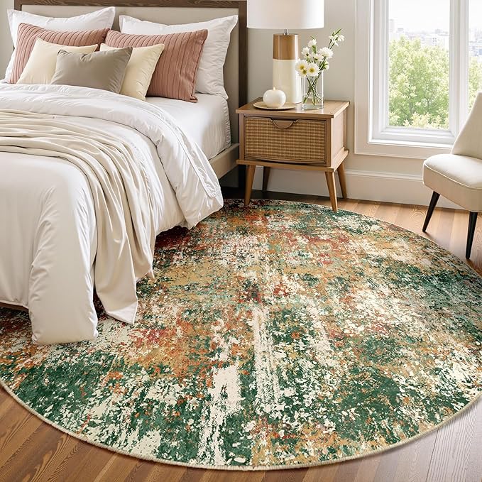 RELEANY Washable Area Rugs 6ft Non-Slip Modern Abstract Soft for Living Room Entryway Bedroom Nursery, Print Pattern, Green Orange Rust Red Cream Colorful
