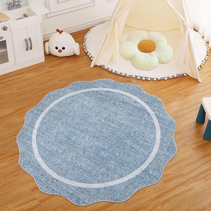 GarveeHome Scalloped Washable Round Rugs, Non-Slip Soft Round Rug 4ft Ultra-Thin, Small Boho Circle Stain Resistant Low Pile Carpet for Entryway Kitchen Bedroom Nursery Bathroom, Blue