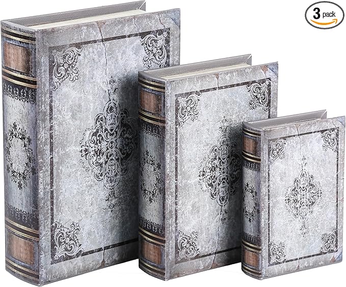 Wooden Book Box Set of 3 with Magnetic Closure and Grey Vintage Leather Cover, Non-Woven Fabric Interior, Decorative Secret Storage for Bookshelves and Home Office