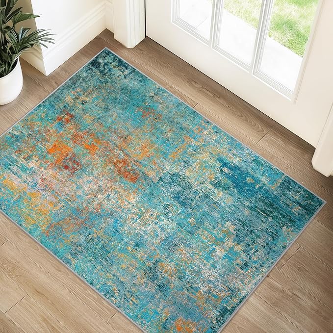 RELEANY Washable Area Rugs 2'x3' Non-Slip Modern Abstract Soft for Living Room Entryway Bedroom Nursery, Print Pattern, Teal Blue Green Orange Rust Red Coloreful
