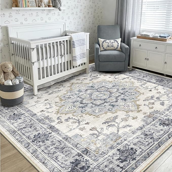 CAPALOCA Machine Washable Rugs Nursery Rug 5x7 Cute Girl Non Slip Low Pile Water Repellent Soft Print Pattern for Bedroom Indoor Decor Kids Playroom Blue White