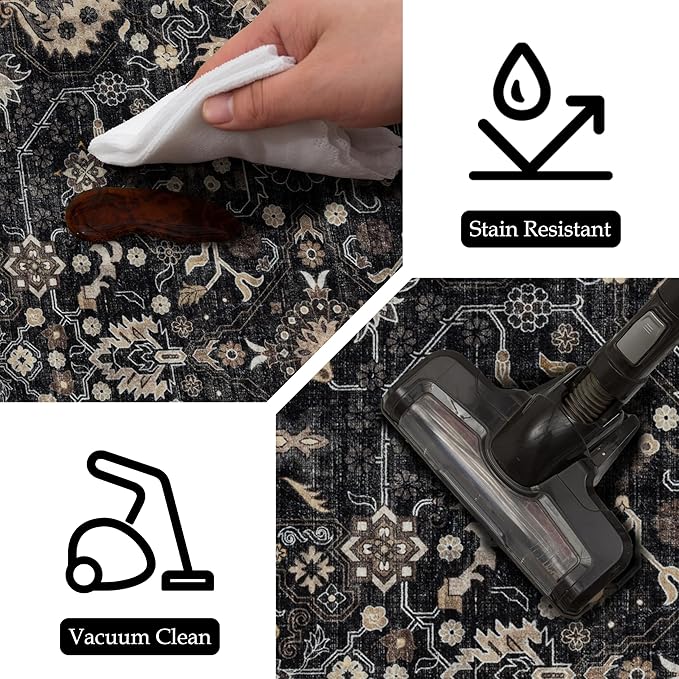 Ruaruarug Area Rug Non Slip Machine Washable Ultra Soft Living Room/Bedroom/Kitchen/Outdoor/Classroom, Black Grey, 8'×10'