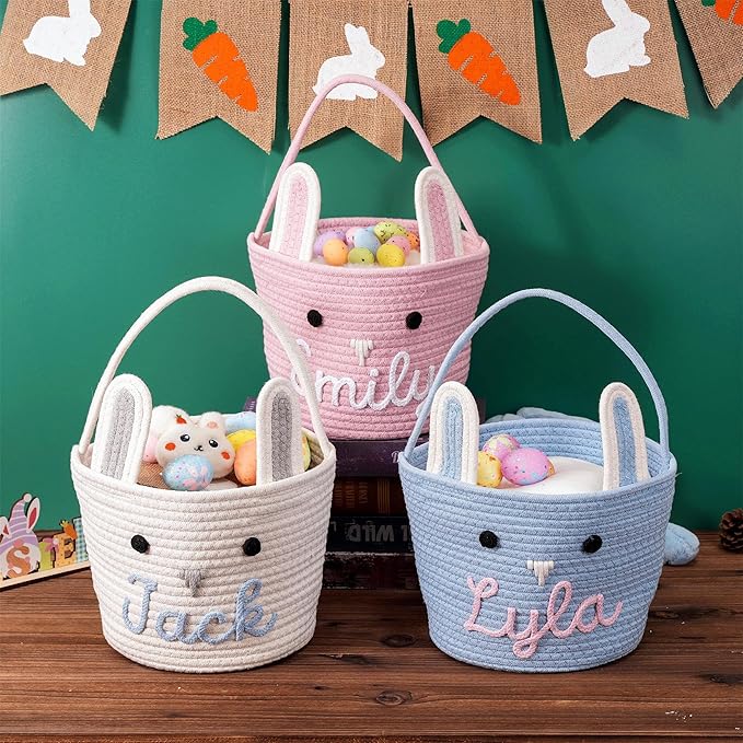 JUPPE Personzlized Easter Bunny Basket with Kids Name, Custom Easter Storage Organizer Basket Cotton Rope Nursery Decor Easter Gift (Easter Bunny)