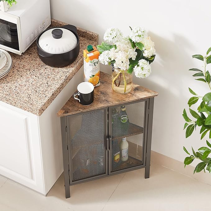 VECELO Corner Cabinet/Table, 3-Tier Display Shelves with Protection Door, Metal Frame Storage Shelf Organizer for Small Space, Living Room, Kitchen, Bathroom