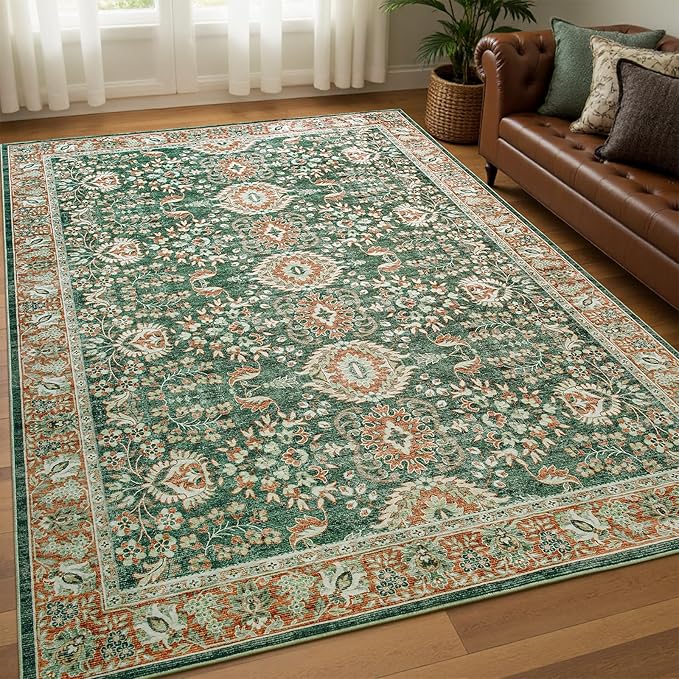 Goideal Washable Rug 3x5, Vintage Area Rugs Non Slip, Indoor Low Pile Carpet with Rubber Backing for Living Room Kitchen Bathroom Entryway Office Bedroom,Green & Orange