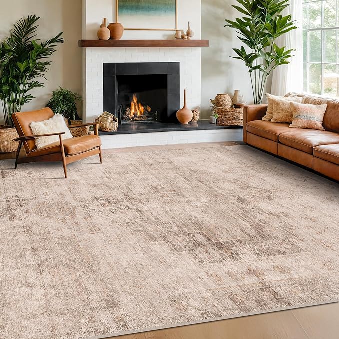 Hazo Haus Farmhouse Area Rugs for Living Room, 8x10 Washable Modern Abstract Rug for Bedroom, Dining Room Under Table & Home Office, Ultra-Soft Low Pile Design, Stain Resistant (Beige & Peach)