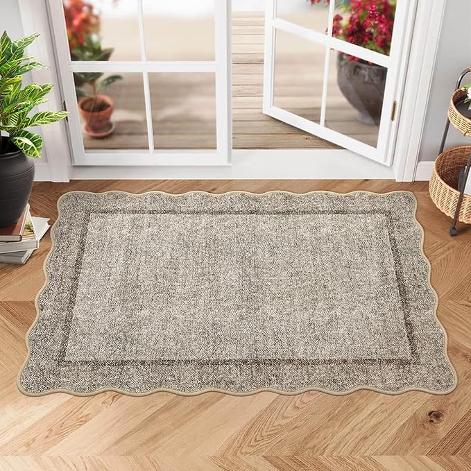 GarveeHome Small Area Rug 2x3 Modern Scalloped Entry Rug Solid Color Kitchen Rugs Washable Bedroom Doormat Non Slip Stain Resistant Bordered Throw Carpet for Living Room Nursery Laundry, Brown