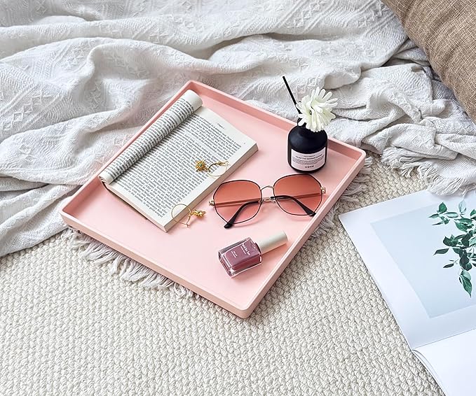 Pink Square Tray 11 Inch - 3 Pack Decorative Organizer Tray for Vanity, Bathroom Countertop, Coffee Table & Ottoman | Multi-Purpose Serving, Makeup, Jewelry, & Catch-All Tray for Home Decor