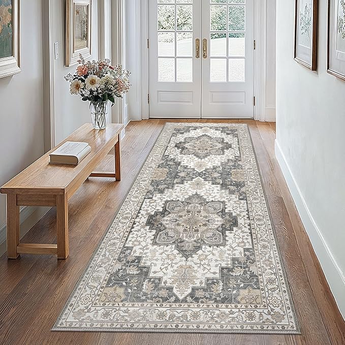 GENIMO 2'6"x7 Runner Rugs for Hallway, Machine Washable Non Slip Vintage Rugs, Low Pile Lightweight Soft Print Rug for enrtyway, Corridor, Home Office, Kitchen, Heathered Grey