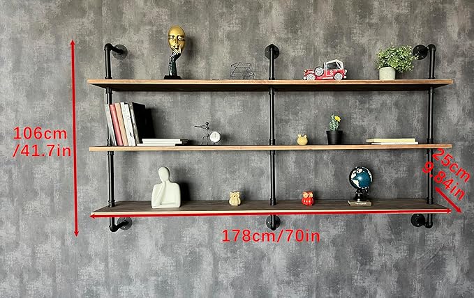 HDDFER Floating Shelves 70 inch Wall Bookshelf Industrial Pipe Shelving Shelves Real Wood Planks Rustic Wall Shelves Hanging Bookshelves Farmhouse Kitchen Bar Shelving