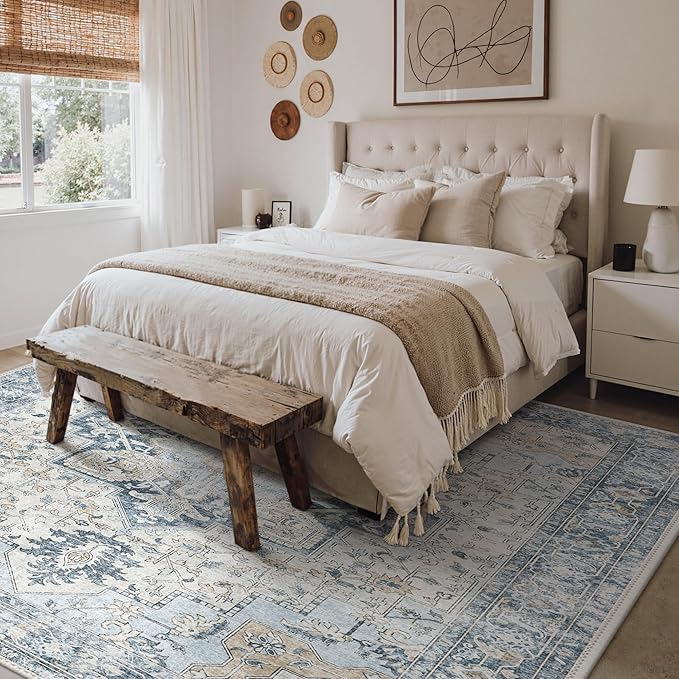 GENIMO 9x12 Area Rugs for Living Room, Machine Washable Non Slip Vintage Rugs, Low Pile Lightweight Chenille Print Rug for Bedroom, Dining Room, Home Office, Blue