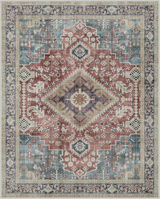 GENIMO 2X5 Washable Vintage Runner Rug for Hallway, Non-Slip Low Pile Chenille Print Rug, Soft Rugs for Indoor Entryway Kitchen Corridor, Indigo & Flush