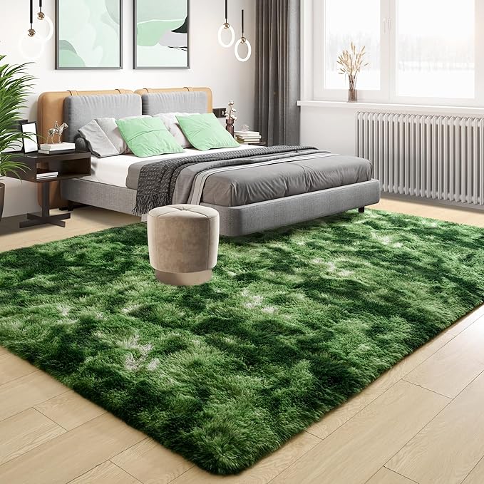 Tepook Fluffy Large Rugs for Living Room, 8x10 Area Rugs for Bedroom, Modern Shag Fuzzy Carpets for Kids Boys Girls, Plush Indoor Nursery Home Decor Rug with Non-Slip Bottom, Tie-Dyed Dark Green